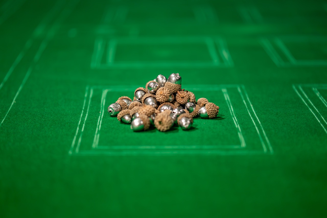 A pile of acorns, some painted silver, sits on a green surface with white rectangular outlines in the background.